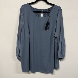 Adrianna Papell Pleated Knit Top Womens Size 2X Blue Woven Sleeve Blouse Keyhole